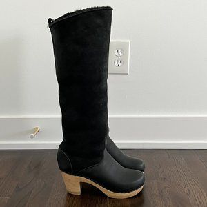 No. 6 Store Knee High Shearling Clog Boots, High Heel, Black Suede, Size 39